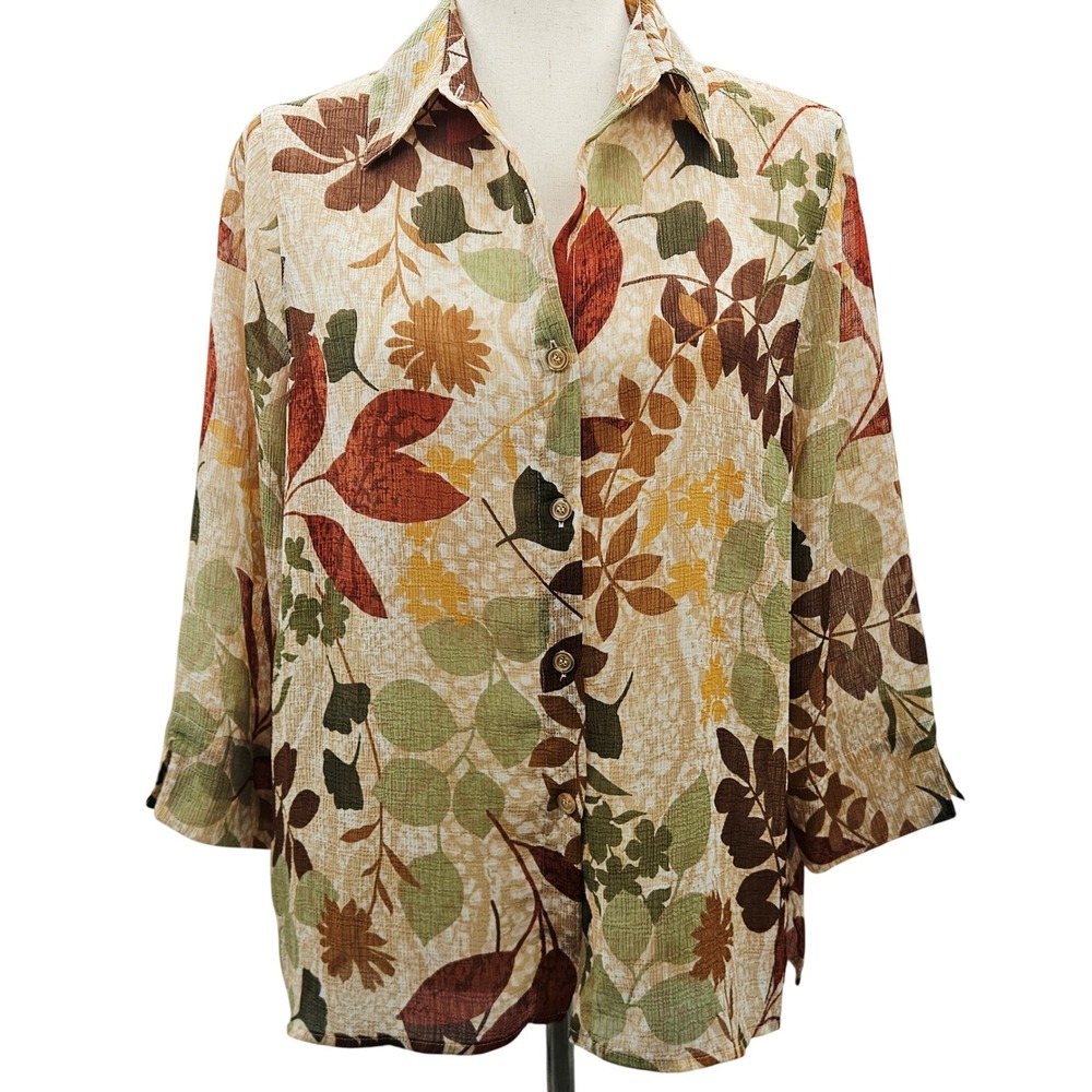 Alfred Dunner Petite 10P Botanical Leaf‎ Print Button Down Shirt Earth Tones